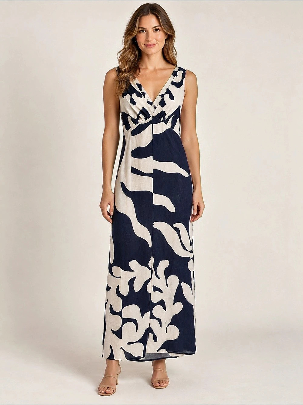 Eliza J Jersey Knit Blue White V-Neck Twist Front Tie Back Maxi Dress Twist